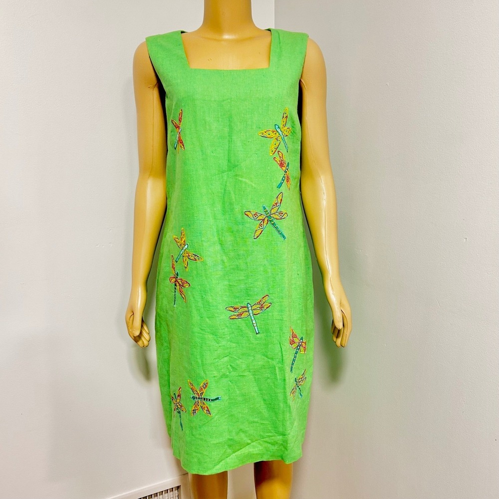 Betsy Lauren 90s Y2K Green Linen Blend Dragonfly Embroidered Sheath Dress M/L 14 - Picture 2 of 10